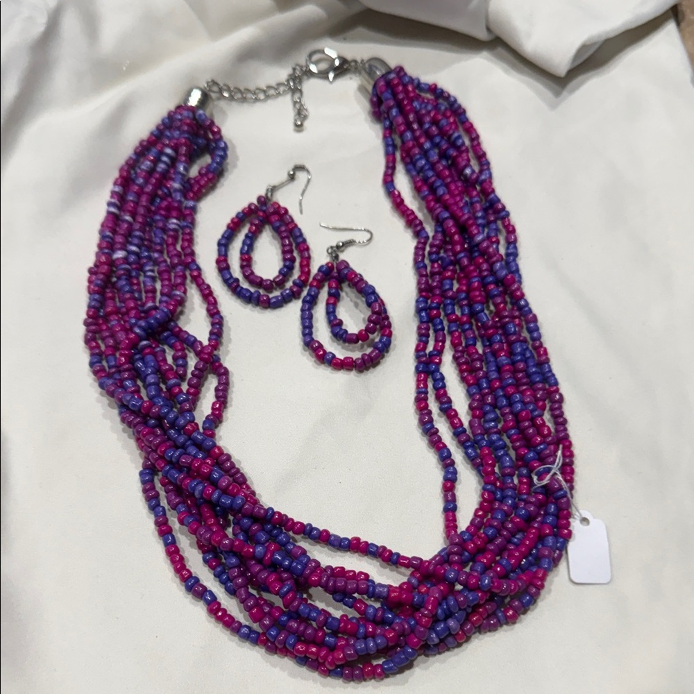 Vibrant Purple and Pink Beaded Necklace Set